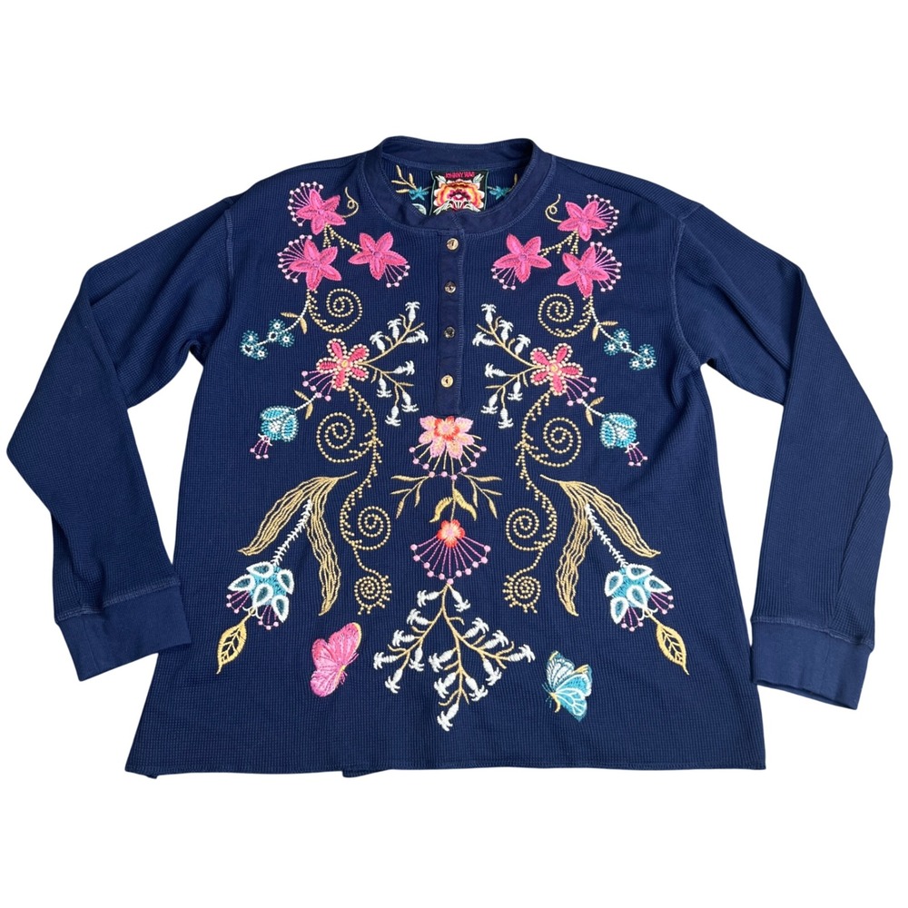 Johnny Was Navy Blue Embroidered Thermal Henley Top Floral Eagle Size S **FLAW**